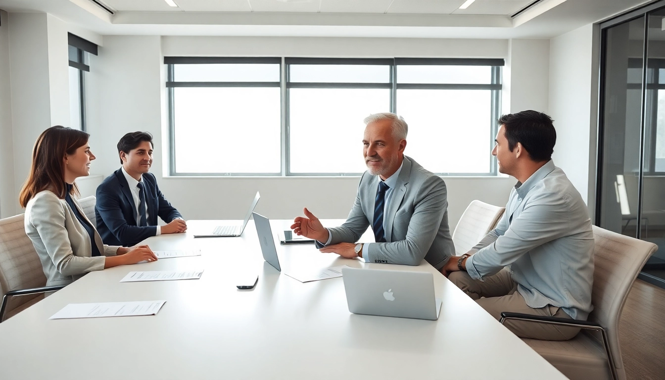 Headhunter Gesundheitswesen: Ein Team von Fachleuten in einem modernen Büro diskutiert strategische Headhunting-Methoden.