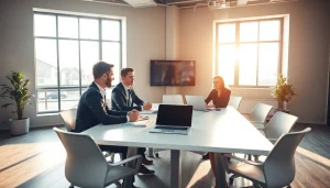 Professionelle Headhunter Rostock arbeiten in einem modernen Büro, während sie zusammen diskutieren.