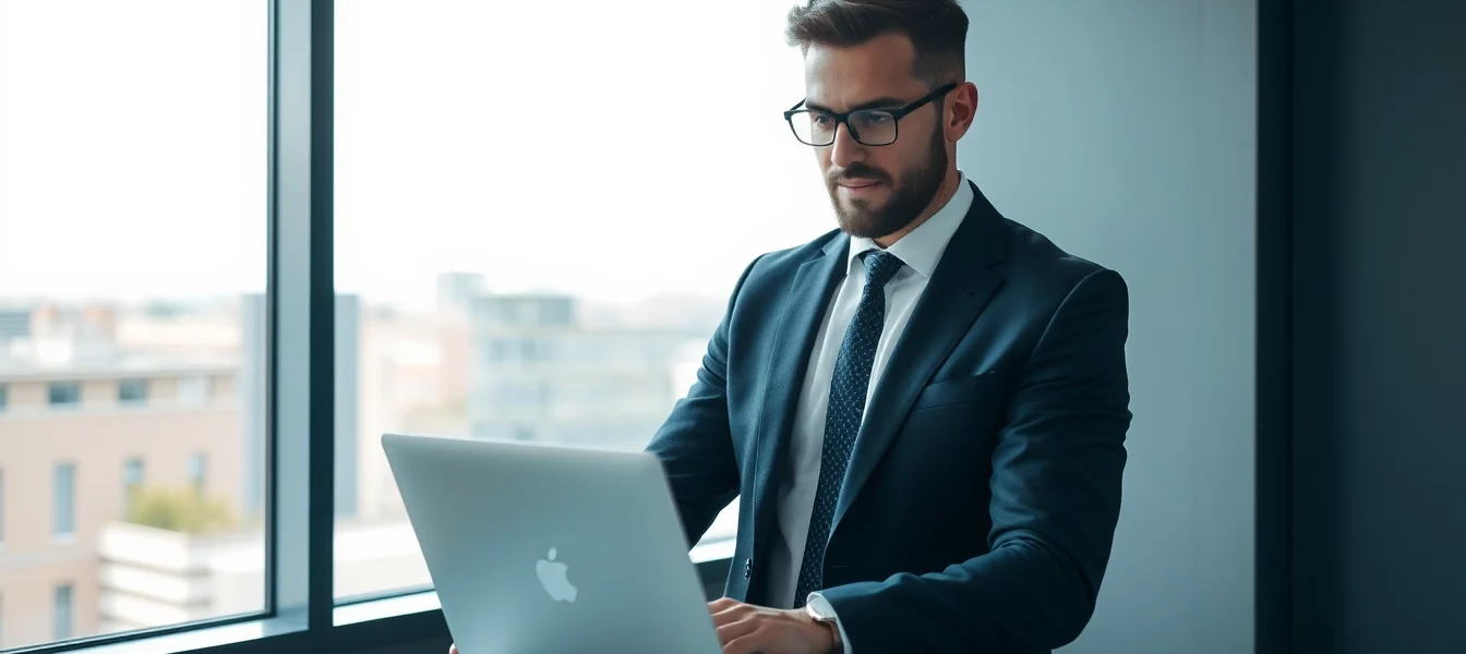 Headhunter Oberhausen arbeitet konzentriert an einem Laptop in einem modernen Büro.
