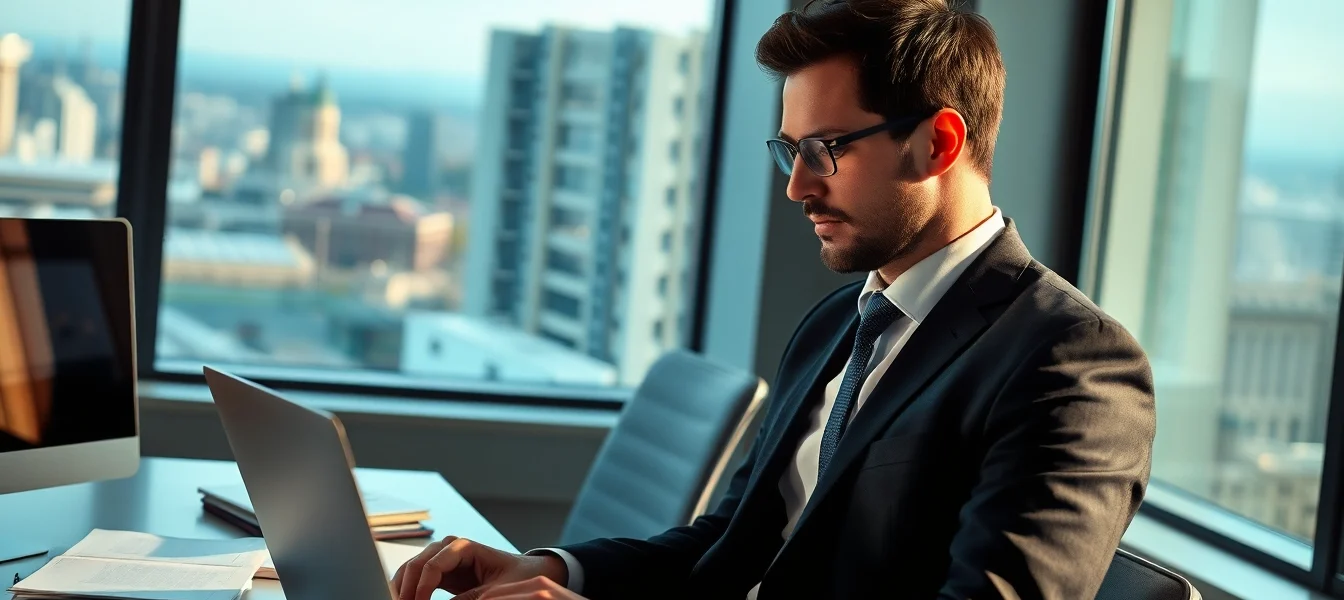 Headhunter Saarbrücken arbeitet in einem modernen Büro, konzentriert am Laptop.