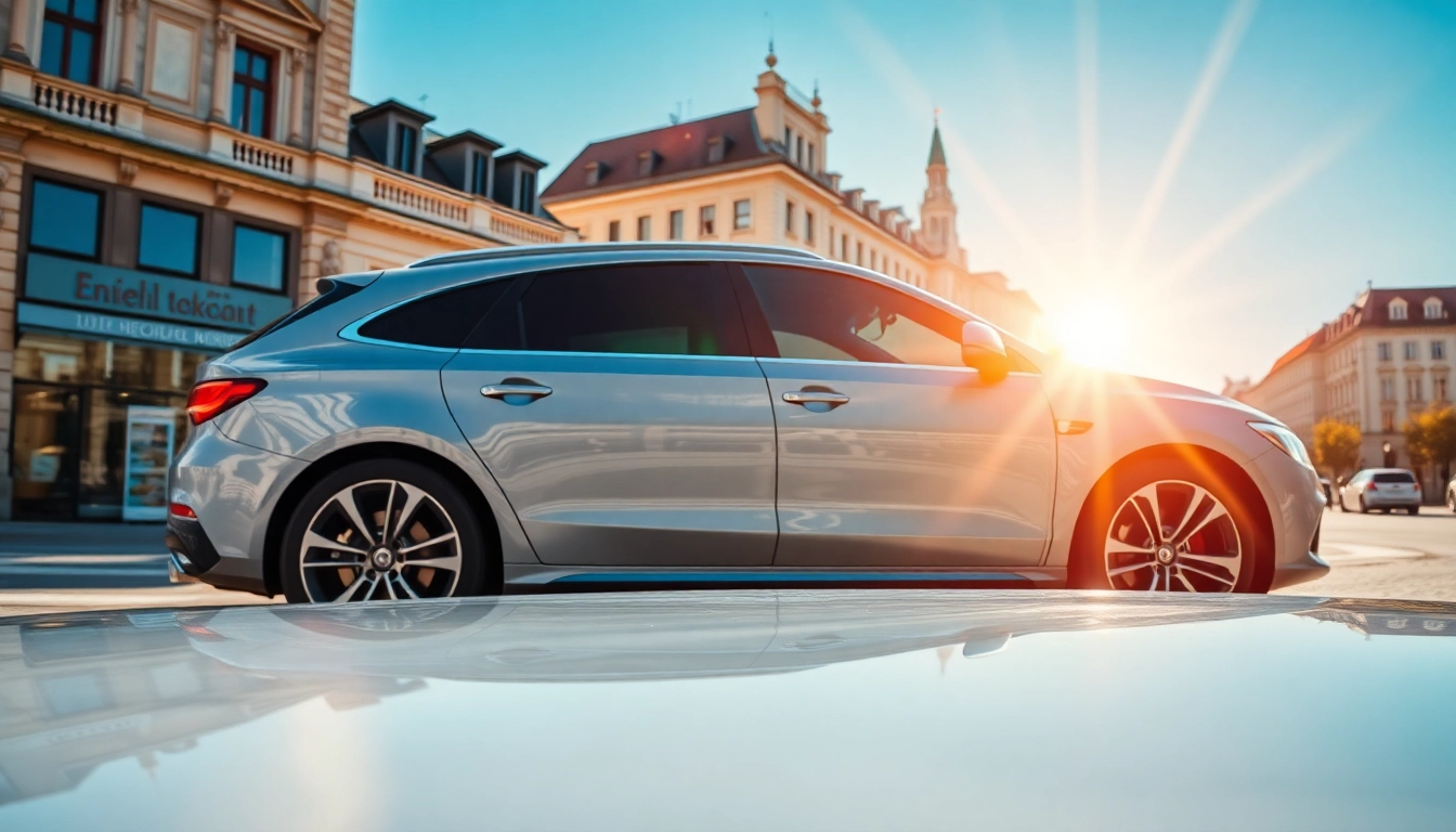 Hochglänzendes Auto nach Keramikversiegelung München mit reflektierender Oberfläche und typischer Münchner Architektur im Hintergrund.