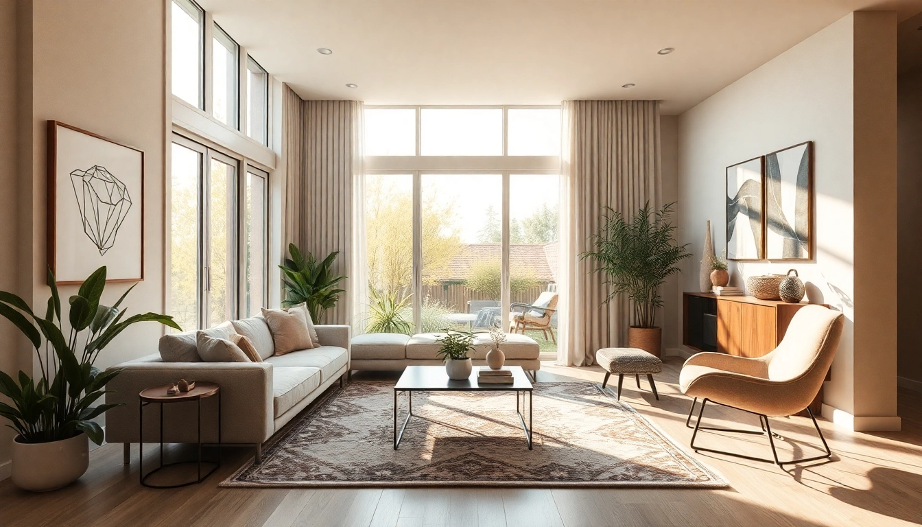 Raumgestaltung eines modernen und einladenden Wohnzimmers mit natürlichen Lichtquellen und harmonischer Farbpalette.