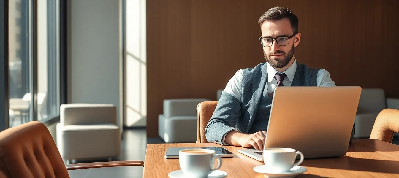 Headhunter Braunschweig bei der Arbeit in einem modernen Büro mit Laptop und Tasse Kaffee.