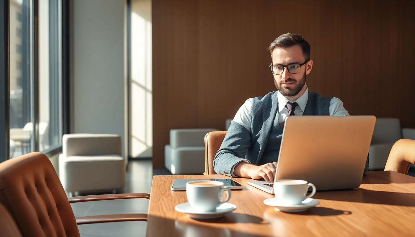 Headhunter Braunschweig bei der Arbeit in einem modernen Büro mit Laptop und Tasse Kaffee.