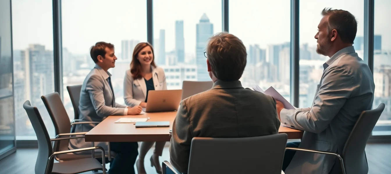 Headhunter Ärzte im Gespräch mit Fachärzten in einem modernen Büro.