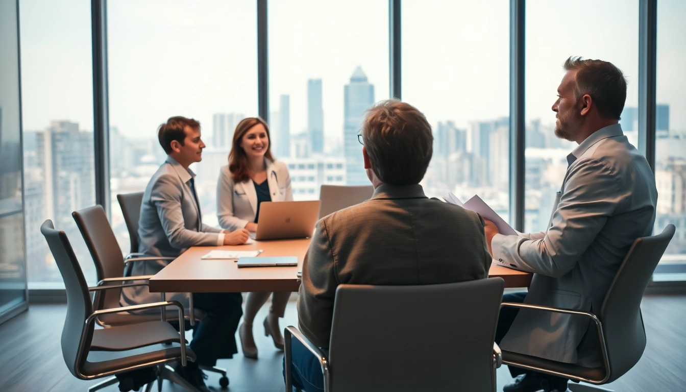 Headhunter Ärzte im Gespräch mit Fachärzten in einem modernen Büro.