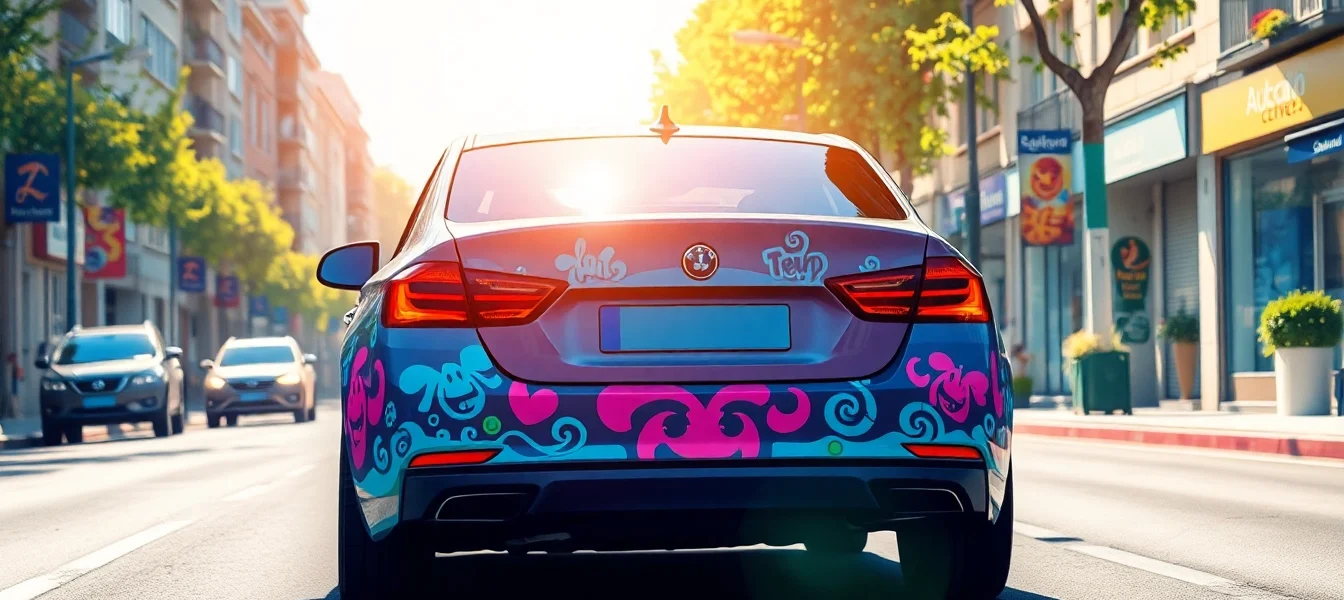 Bestickering auto zeigt ein kreativ besticktes Fahrzeug, das durch eine Stadt fährt.