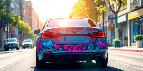 Bestickering auto zeigt ein kreativ besticktes Fahrzeug, das durch eine Stadt fährt.