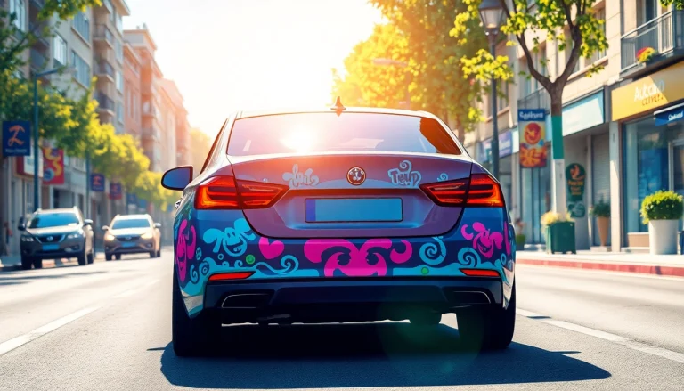 Bestickering auto zeigt ein kreativ besticktes Fahrzeug, das durch eine Stadt fährt.