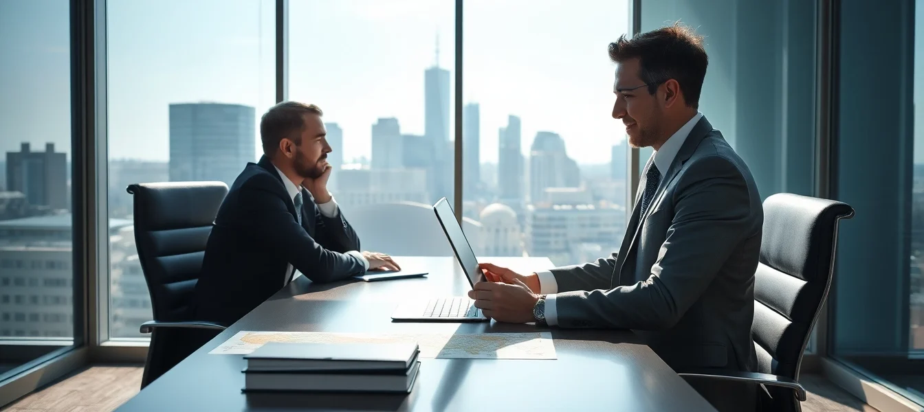 Headhunter Frankfurt in einem modernen Büro, professionelles Gespräch mit einem Kandidaten.