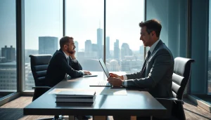 Headhunter Frankfurt in einem modernen Büro, professionelles Gespräch mit einem Kandidaten.