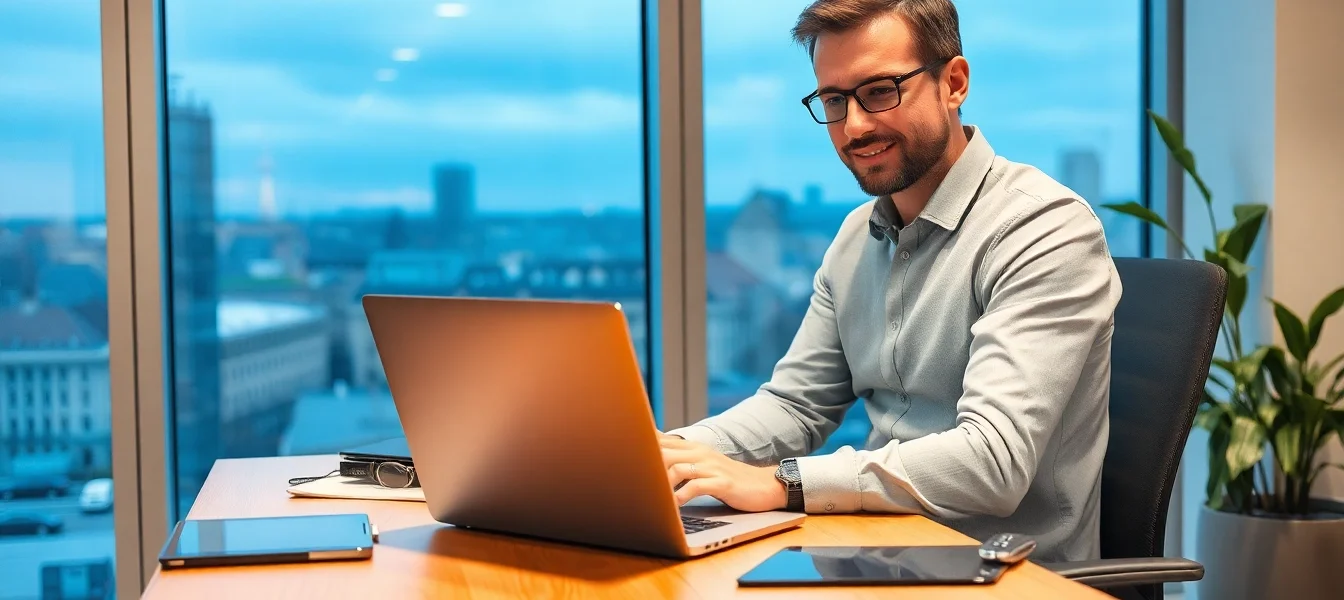 Professioneller Headhunter Kassel arbeitet in modernem Büro und kommuniziert.