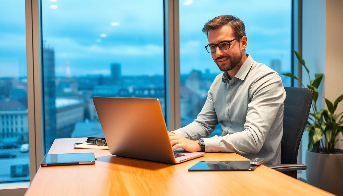 Professioneller Headhunter Kassel arbeitet in modernem Büro und kommuniziert.