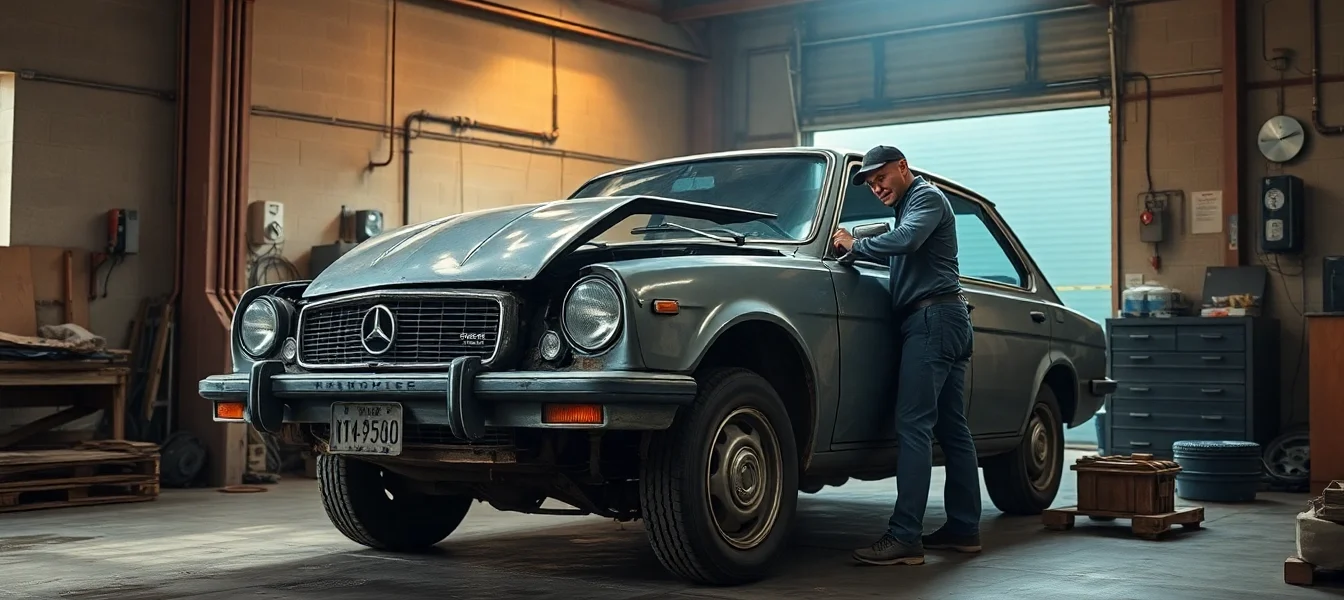 Autoverschrottung durch Fachpersonal in einer Werkstatt, Schrottauto wird professionell bearbeitet.