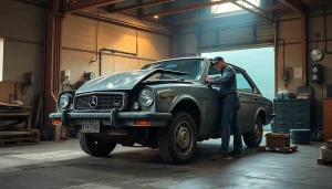 Autoverschrottung durch Fachpersonal in einer Werkstatt, Schrottauto wird professionell bearbeitet.