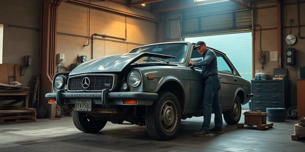 Autoverschrottung durch Fachpersonal in einer Werkstatt, Schrottauto wird professionell bearbeitet.