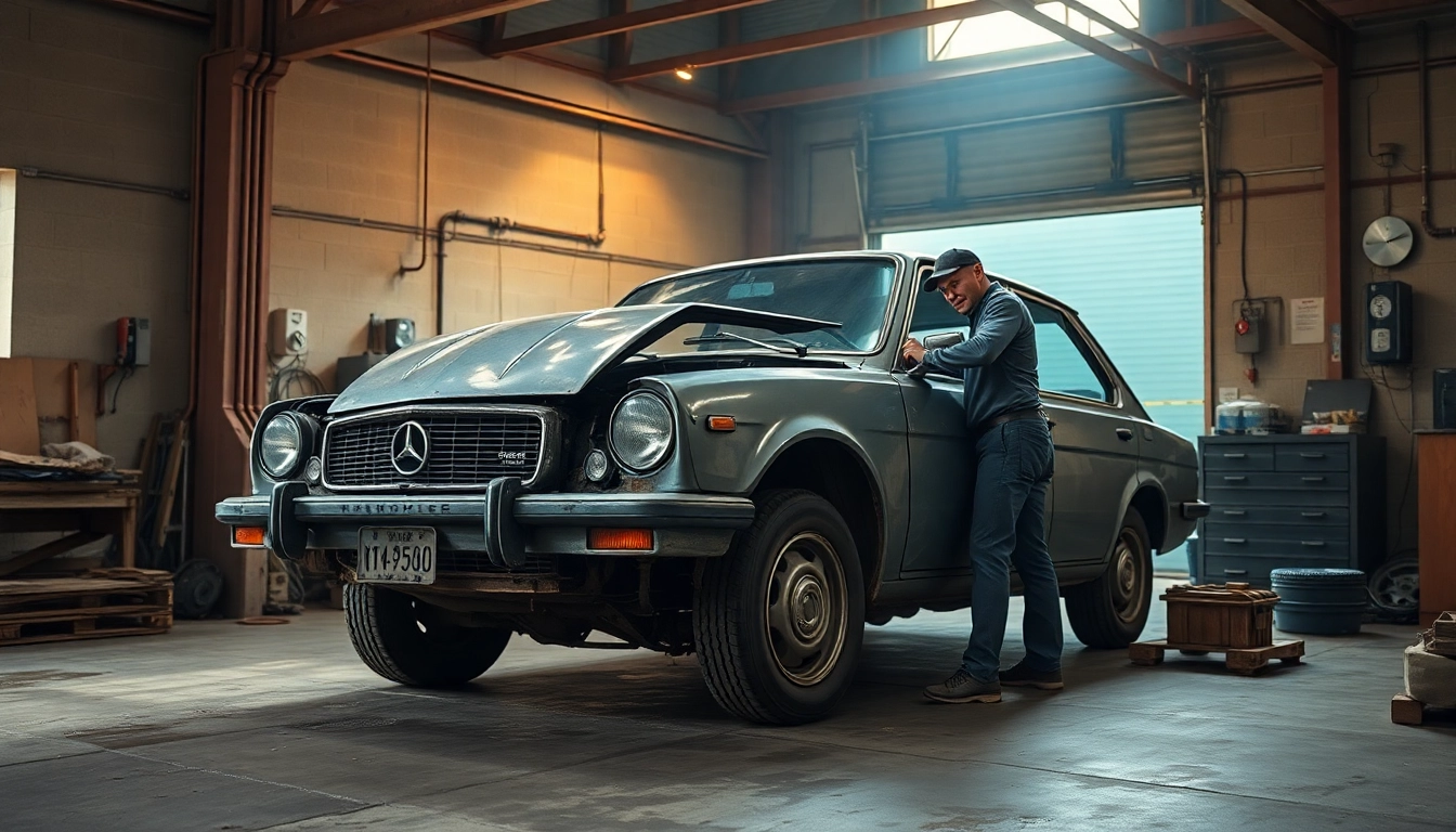 Autoverschrottung durch Fachpersonal in einer Werkstatt, Schrottauto wird professionell bearbeitet.