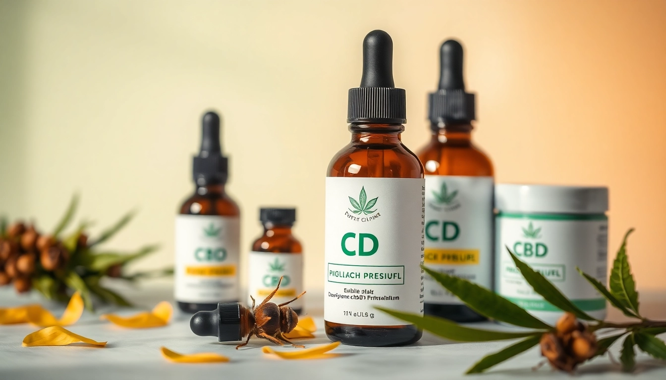 CBD Produkte in hochwertiger Präsentation, strahlend und rein, für Ihr Wohlbefinden.