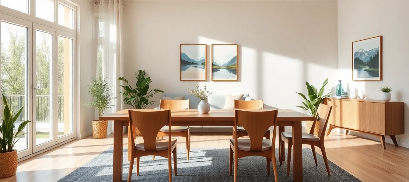 Raumgestaltung eines hellen Wohnraums mit stilvollem Esstisch und einladenden Farben.