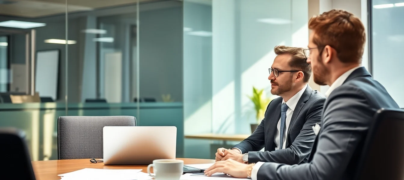Headhunter Frankfurt in einem eleganten Büro, während er mit einem Kunden spricht.
