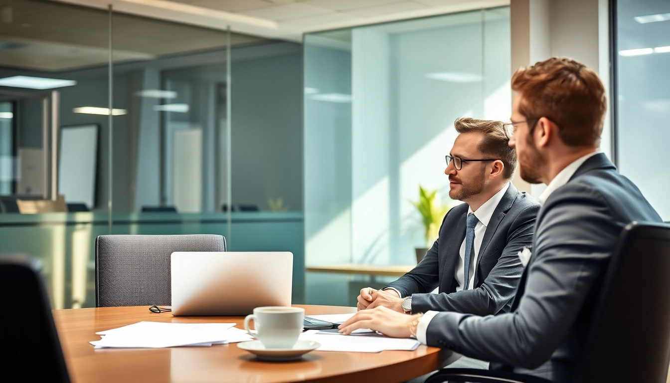 Headhunter Frankfurt in einem eleganten Büro, während er mit einem Kunden spricht.