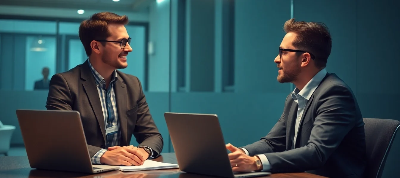 Personalvermittlung: Professioneller Beratungsprozess zwischen Headhunter und Bewerber in modernem Büro.