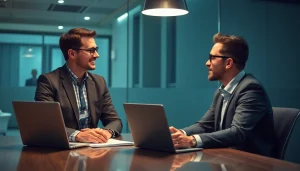 Personalvermittlung: Professioneller Beratungsprozess zwischen Headhunter und Bewerber in modernem Büro.