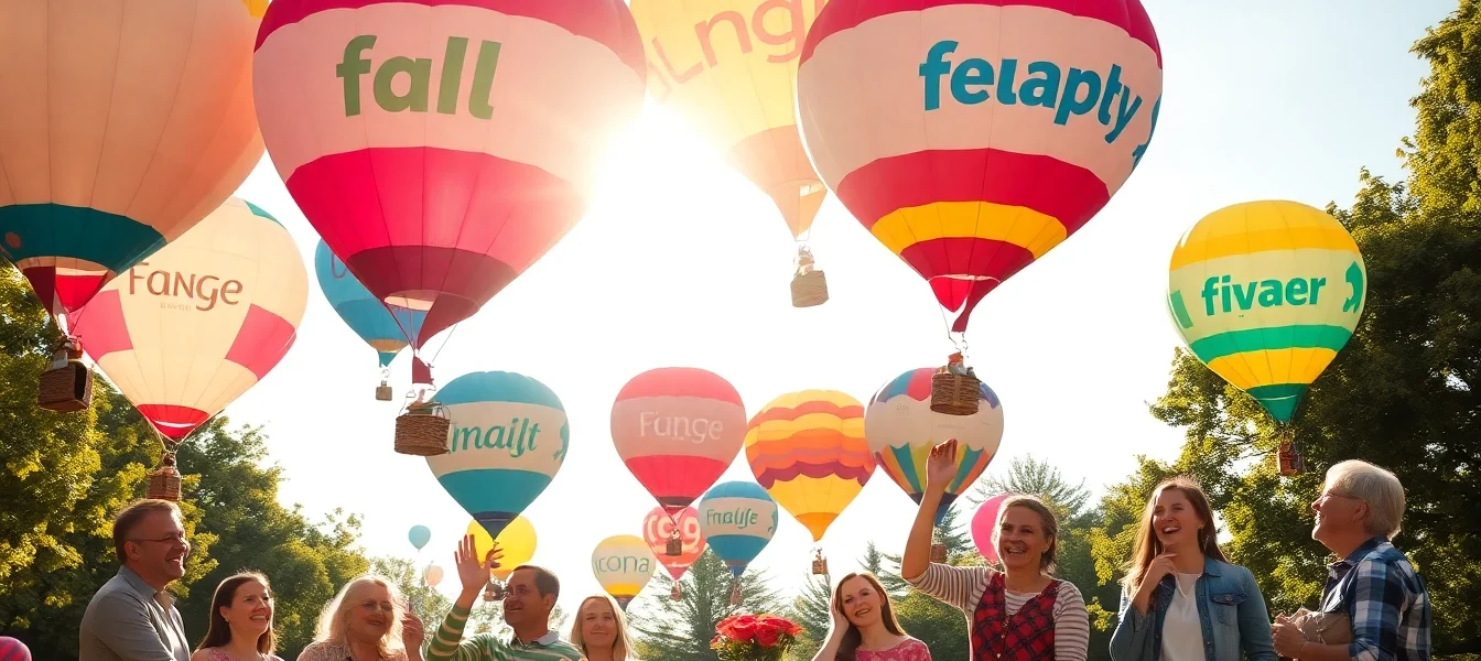Luftballons bedrucken: Farbige, individuell gestaltete Luftballons unter freiem Himmel, die Freude und Feierlichkeit ausstrahlen.