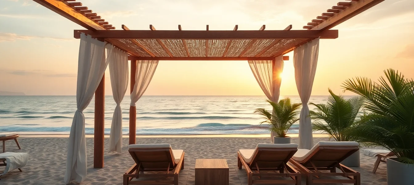 Genieße eine atemberaubende Aussicht von einem luxuriösen coastal cabana am Strand mit einem eleganten Balkon und tropischen Pflanzen.