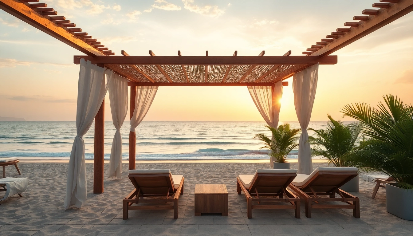 Genieße eine atemberaubende Aussicht von einem luxuriösen coastal cabana am Strand mit einem eleganten Balkon und tropischen Pflanzen.