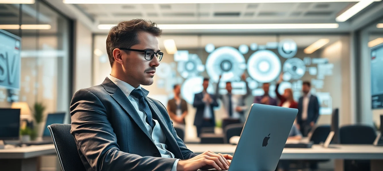 Headhunter IT analysiert Bewerbungsunterlagen in modernem Büro.