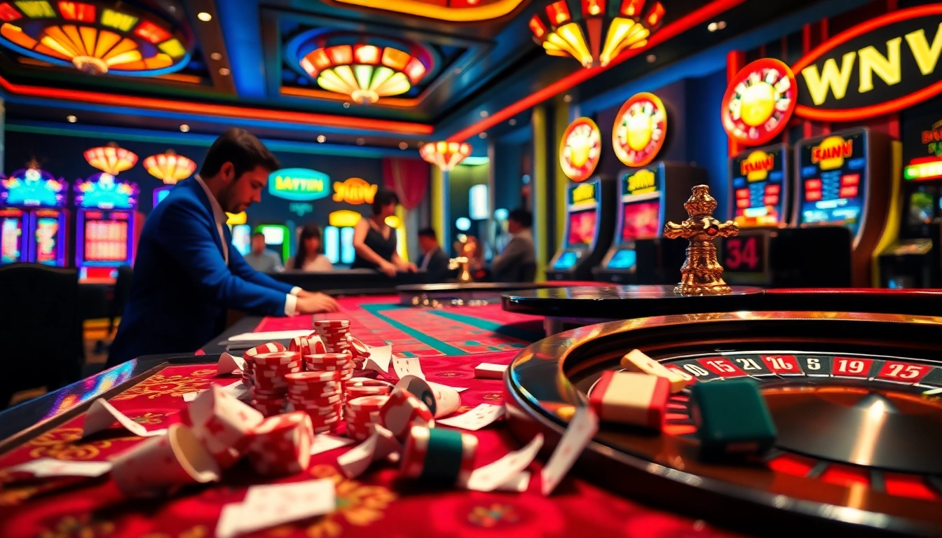 High-stakes players engaging with a vibrant casino scene featuring the 33WIN brand.