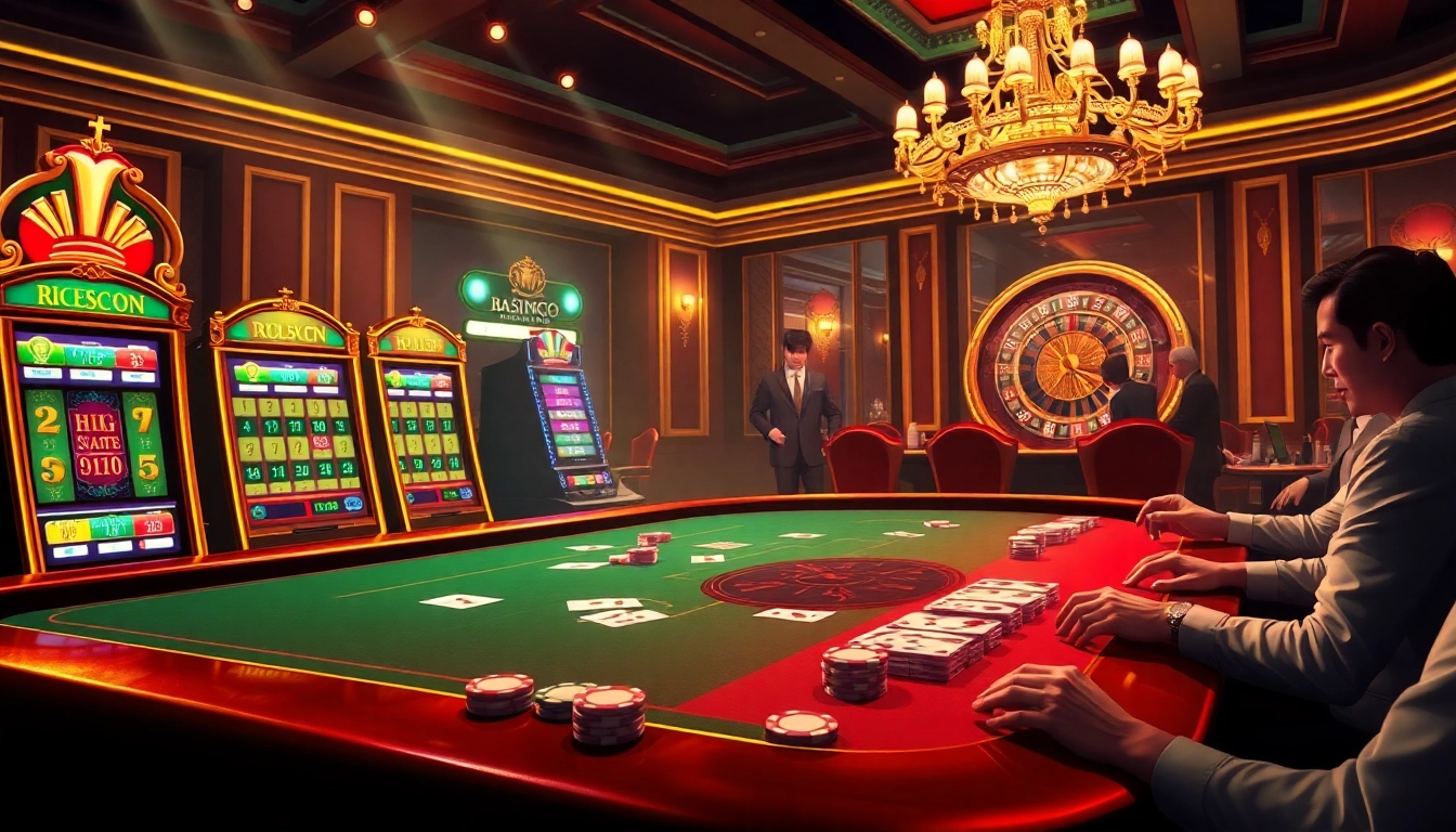 Engage in thrilling gameplay at Nhà cái King88 with vibrant slot machines and poker tables.