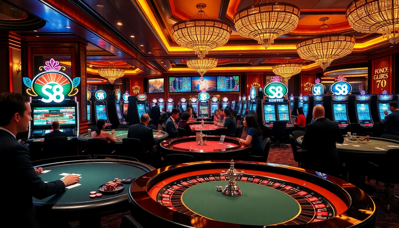 Engaging in high-stakes gaming at S8 casino with vibrant lights and strategic players.
