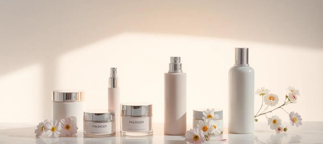 Kosmetikhersteller Deutschland stellt hochwertige Schönheitsprodukte in einem eleganten Arrangement auf einem Marmor-Hintergrund dar.