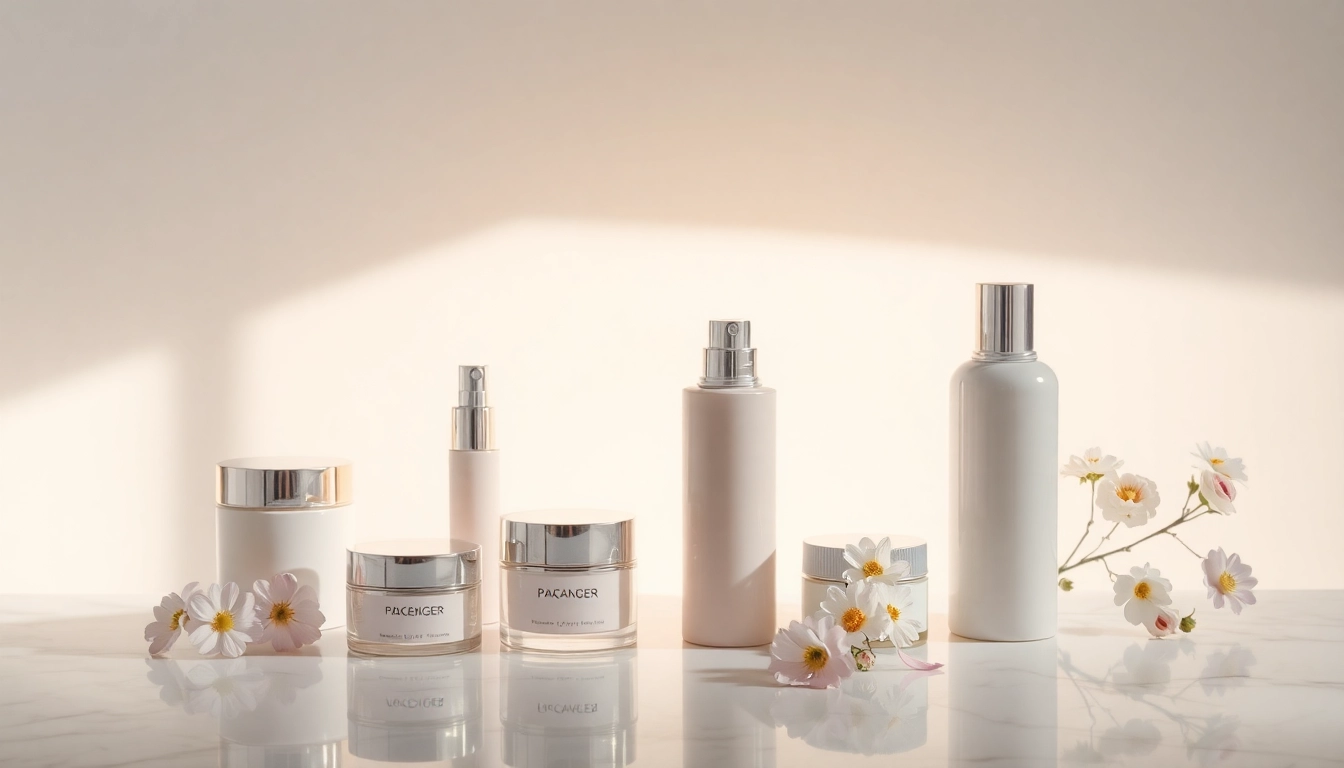 Kosmetikhersteller Deutschland stellt hochwertige Schönheitsprodukte in einem eleganten Arrangement auf einem Marmor-Hintergrund dar.