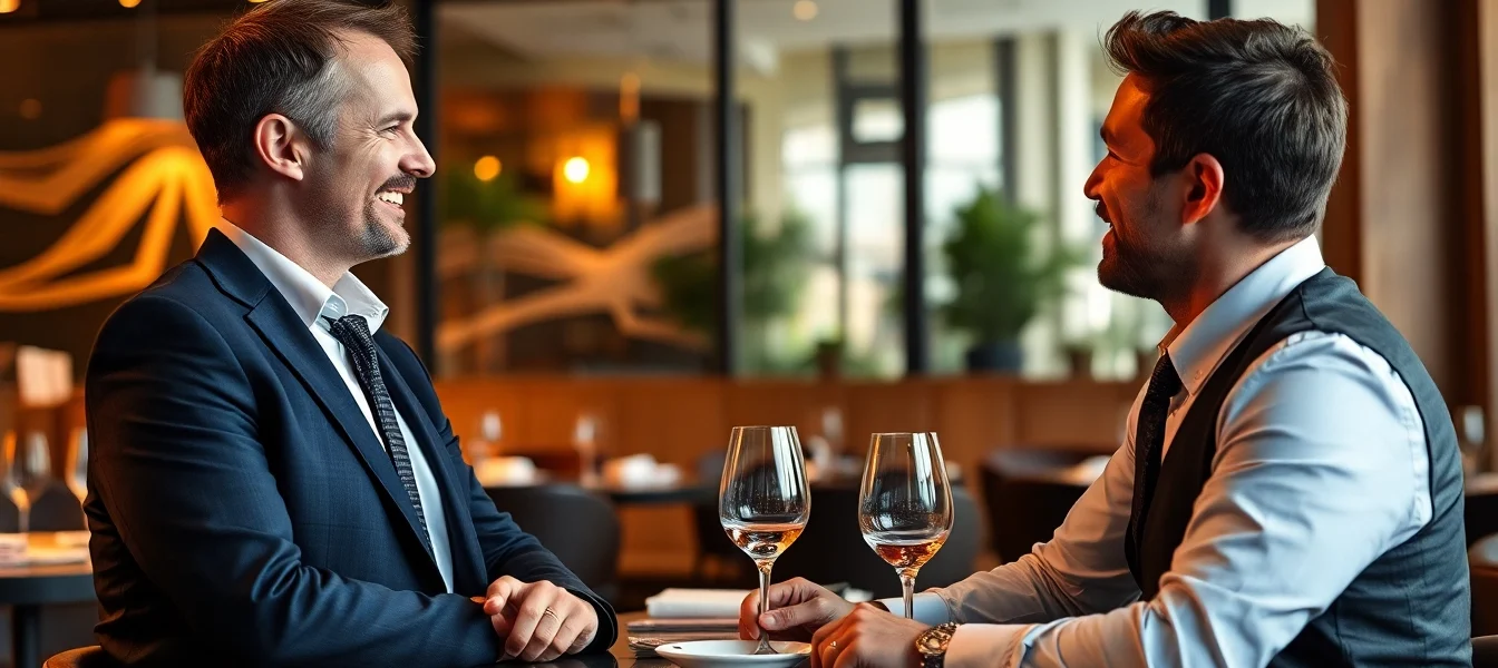 Headhunter Gastronomie im Gespräch mit einem Gastronomiekunden in einem stilvollen Restaurant.