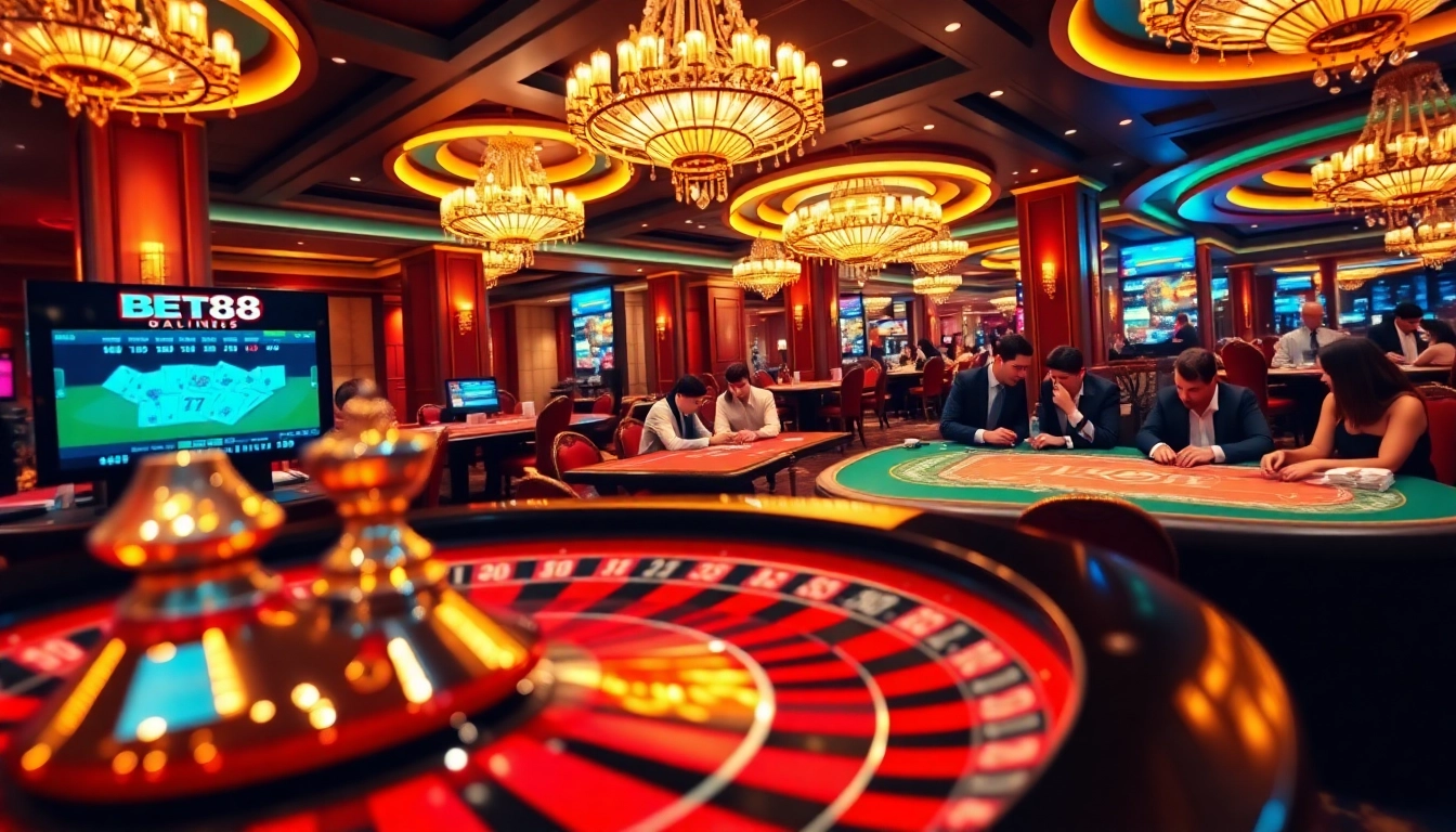 Experience the thrill of winning at BET88 in a luxurious casino setting with poker and roulette.