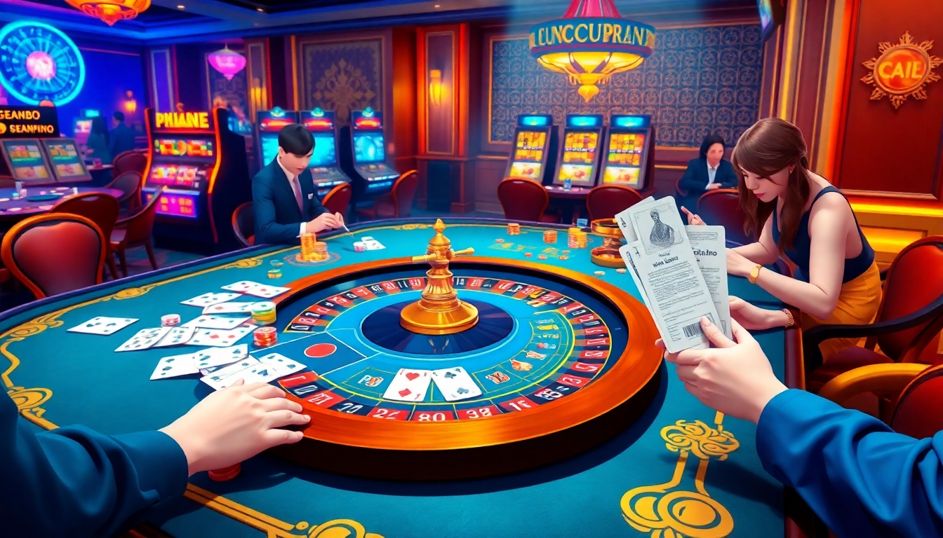 Exciting action at Nhà cái XX88 with players placing bets at a vibrant casino table surrounded by slot machines.