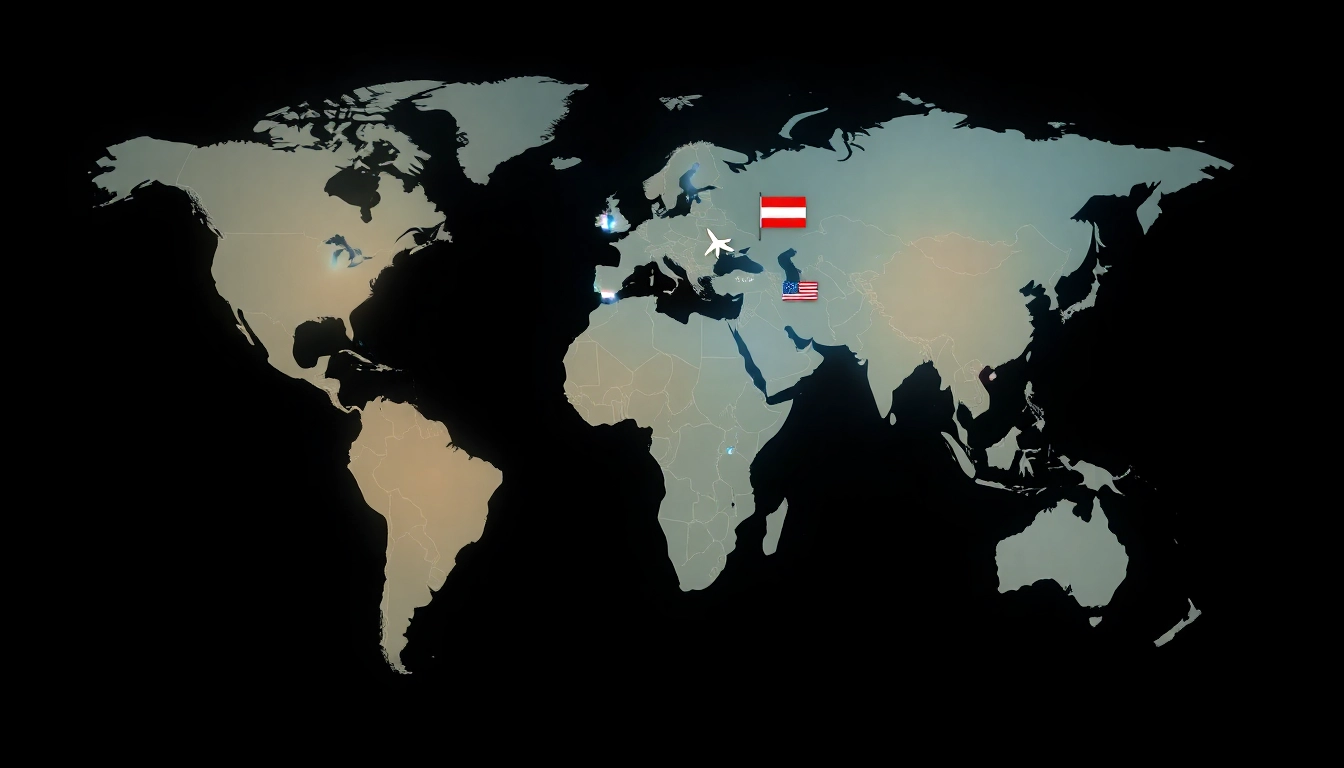 Globale Darstellung internationaler Nachrichten mit Symbolen auf einer Karte