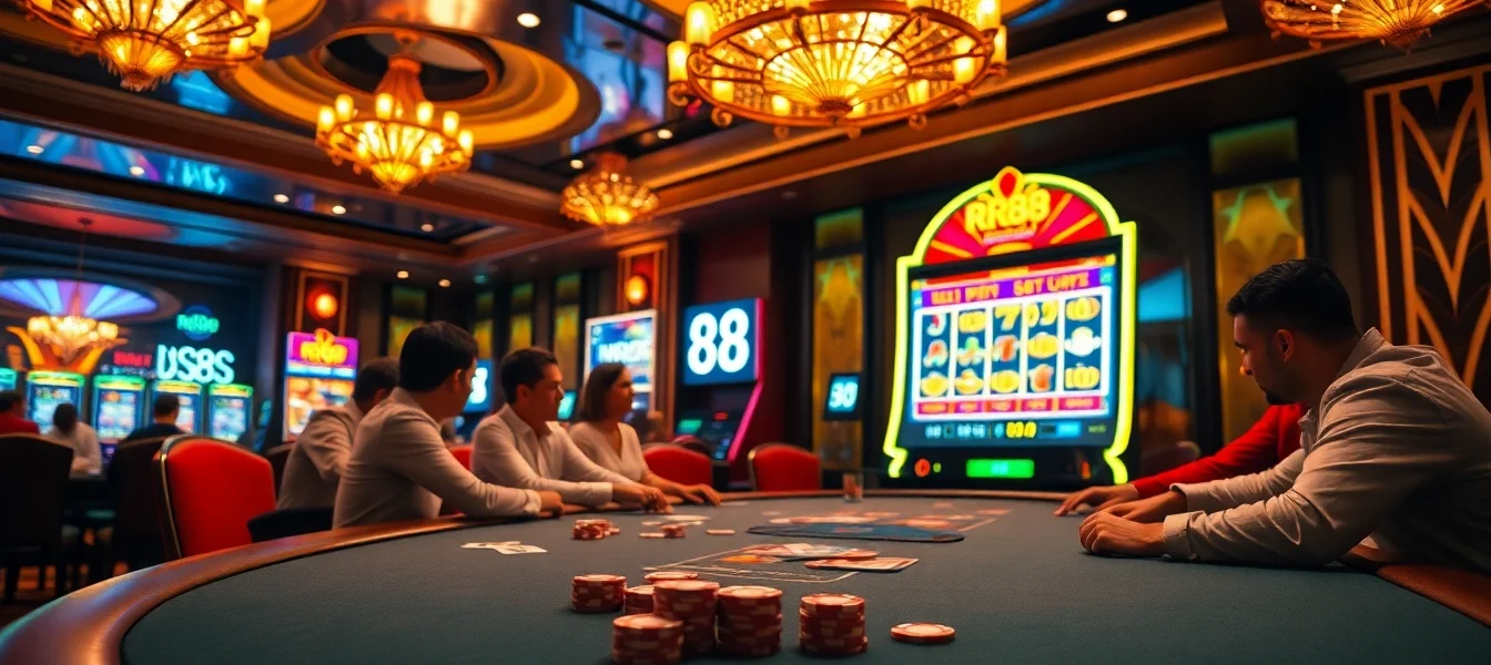 Experience the thrill of poker at rr88 with vibrant chips and cards in a luxurious casino setting.