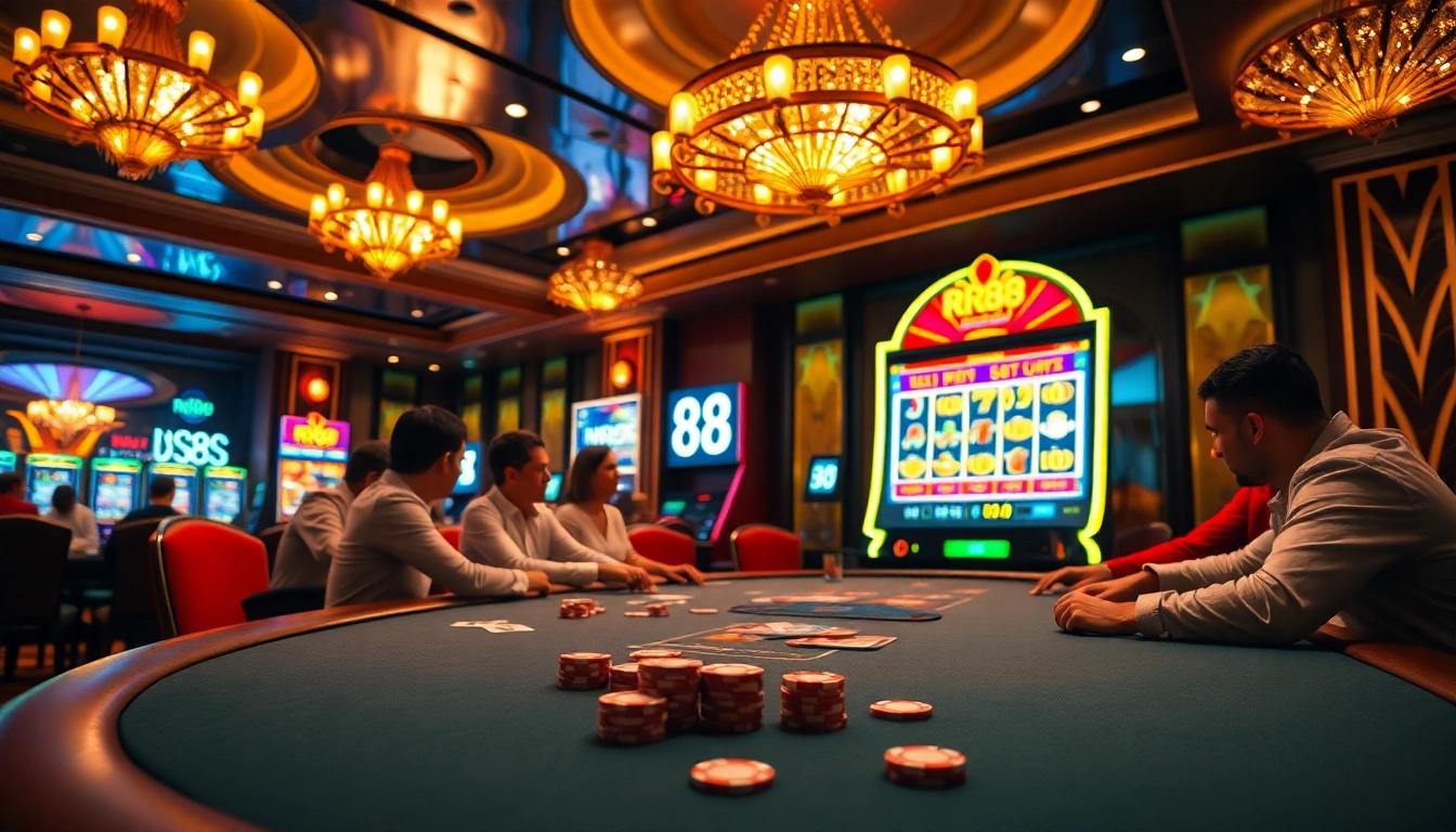 Experience the thrill of poker at rr88 with vibrant chips and cards in a luxurious casino setting.