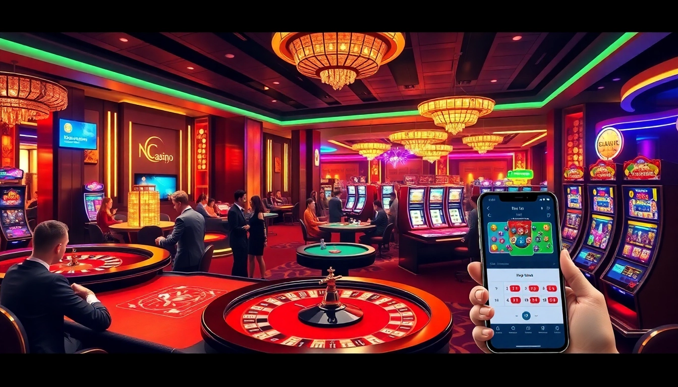 Players enjoying high-stakes games at Nhà cái 99ok casino, featuring vibrant casino elements.