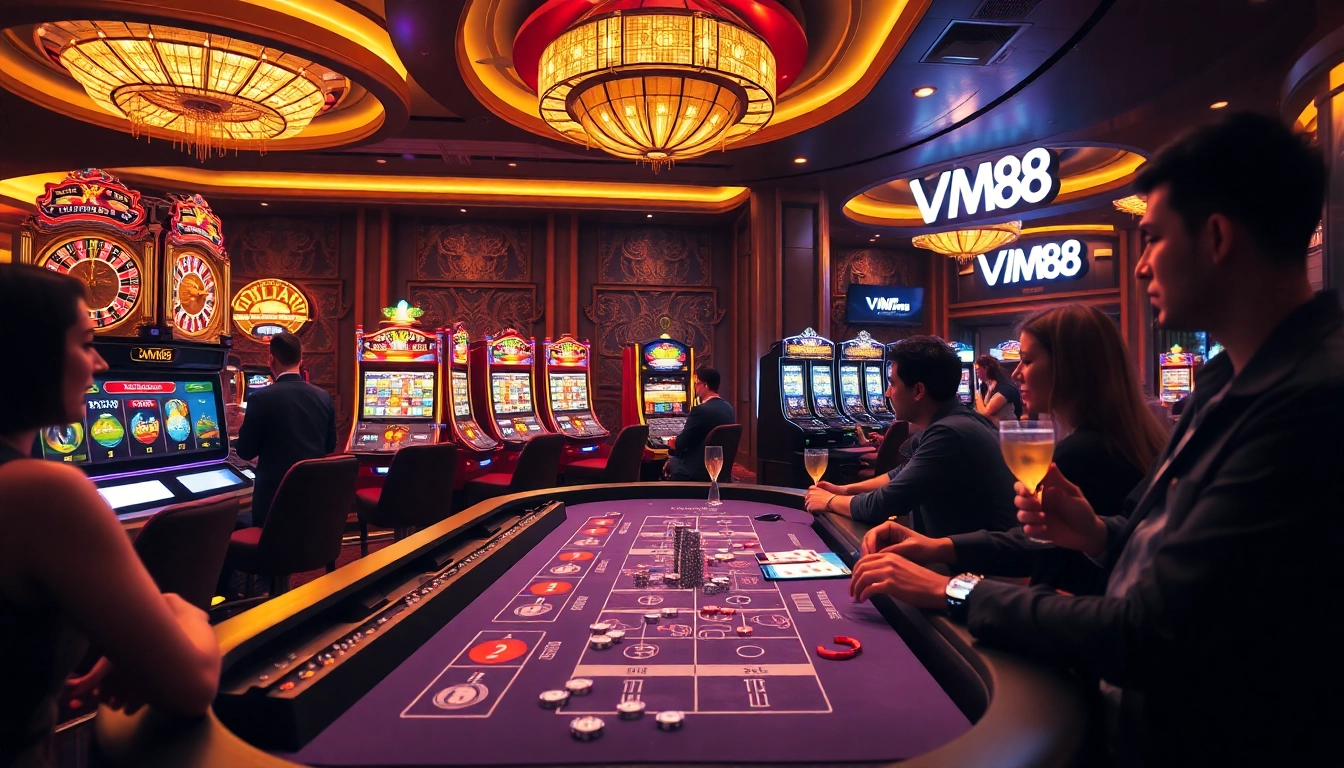 Experience the thrill of gambling at VM88's luxurious gaming lounge with roulette and slot machines.