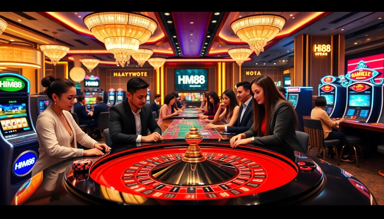 Experience thrilling gameplay at HM88's vibrant casino environment with engaging gaming tables and digital interfaces.