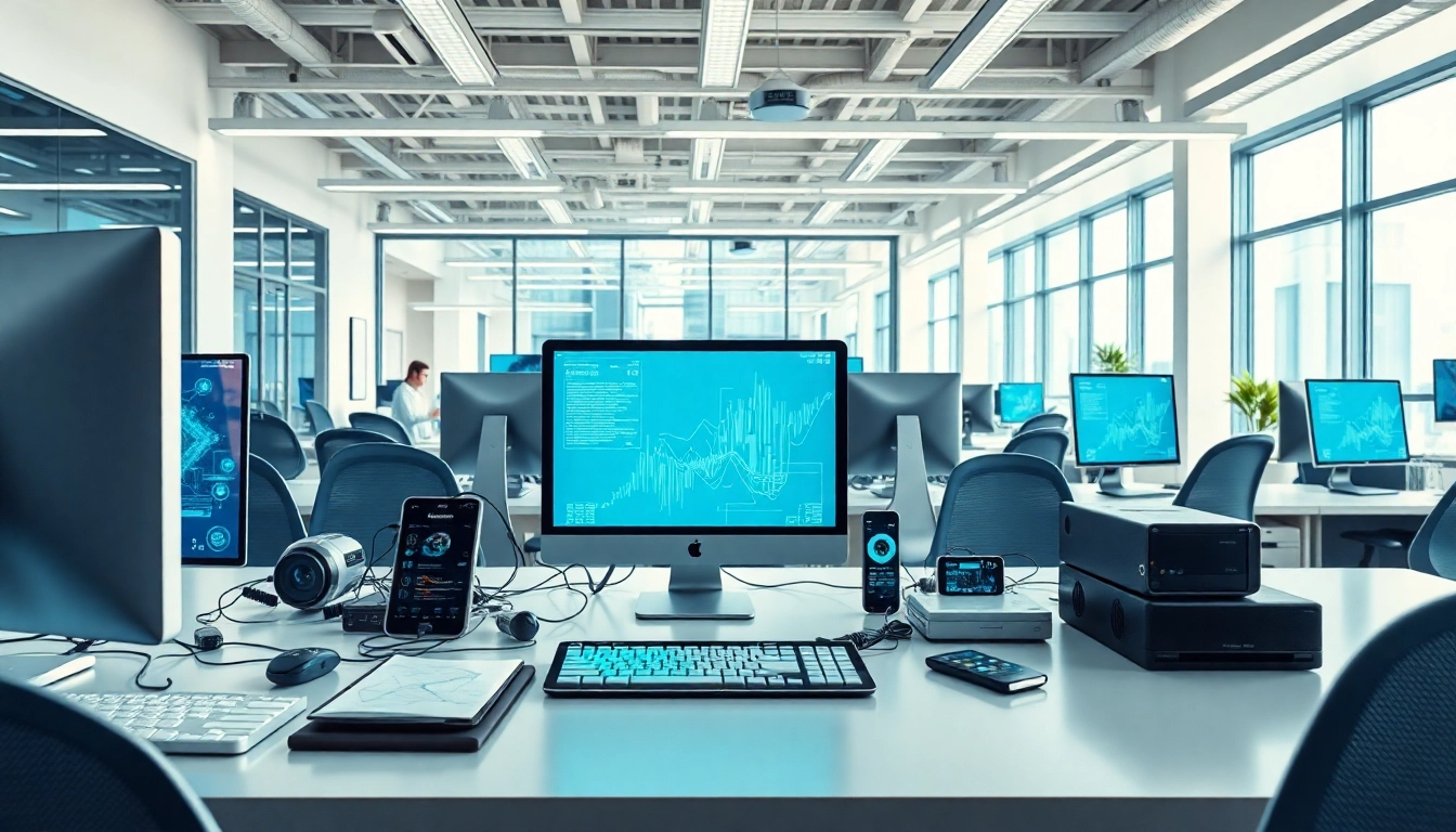 Technologie Geräte in einem modernen Büro mit futuristischen Elementen