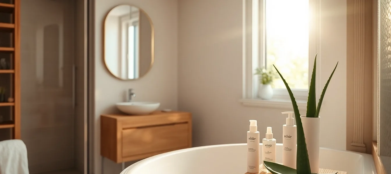 Hautpflege Produkte Deutschland auf einem Badewannenrand mit frischen Pflanzen im eleganten Badezimmer.