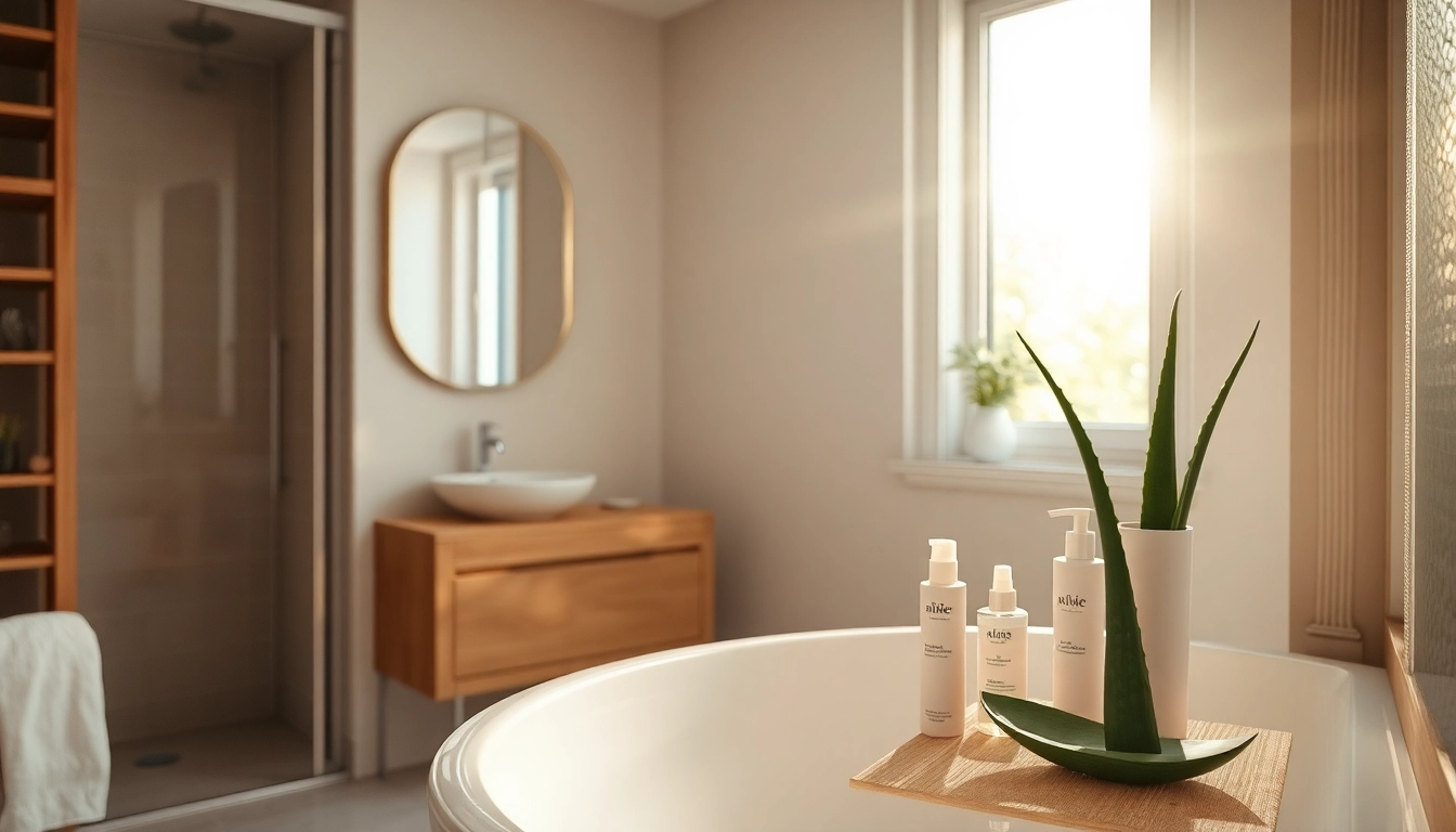 Hautpflege Produkte Deutschland auf einem Badewannenrand mit frischen Pflanzen im eleganten Badezimmer.