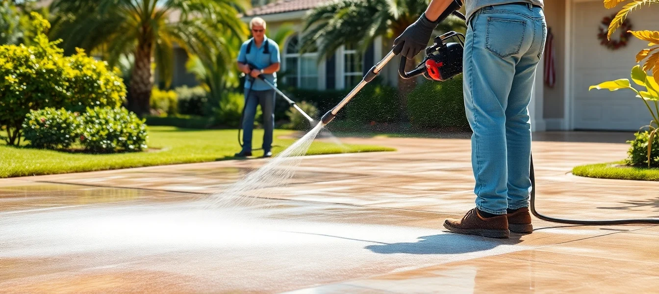 Concrete cleaning in progress by a professional pressure washing team in Kissimmee, FL.