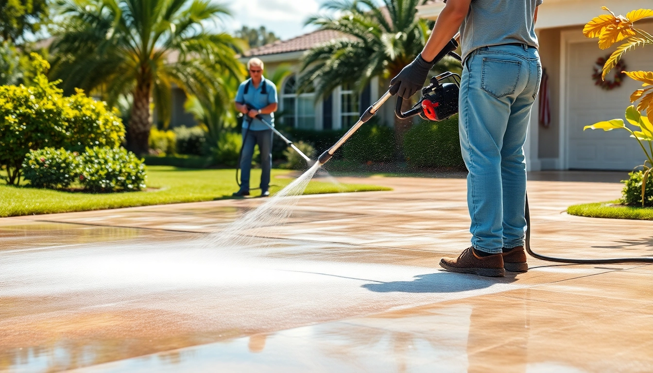 Concrete cleaning in progress by a professional pressure washing team in Kissimmee, FL.